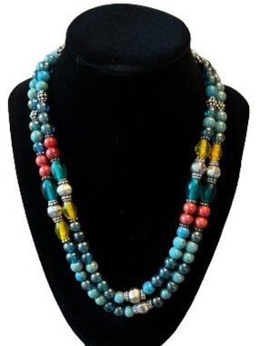 Artisan Italian Glass Beaded Necklace Double Strand Statement Sterling Silver